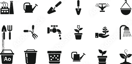 Collection of flat black gardening icons featuring watering cans shovels potted plants factory silhouettes water taps and hand tools isolated on a white background