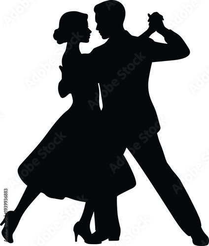 Romantic silhouette of a young couple ballroom dancing together, elegant man and woman performing tango or waltz on white background
