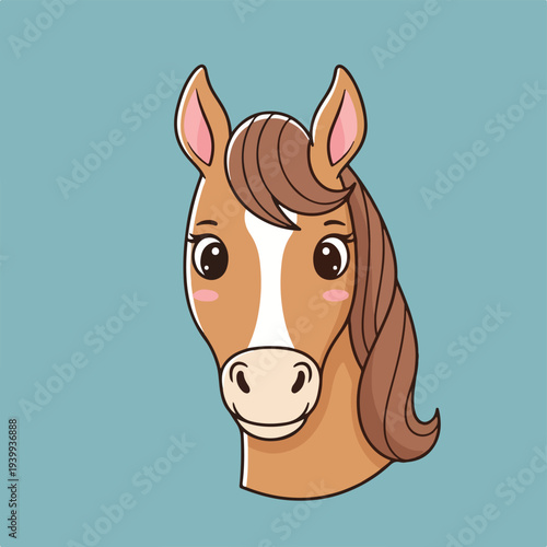Adorable cartoon horse head with a friendly expression on a teal background