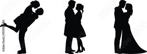 Romantic silhouette of couple on tropical beach with palm tree and birds, isolated black vector illustration for wedding design