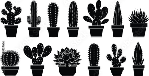 Set of black industrial silhouettes featuring various water towers electrical power lines cooling towers and a large factory plant isolated on a white background