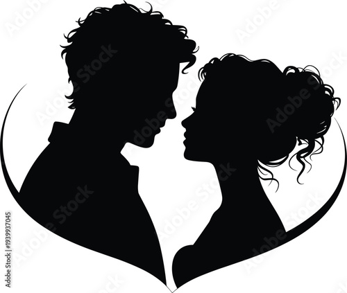 Romantic silhouette of young couple head profiles facing each other in heart shape, valentines day and love relationship concept