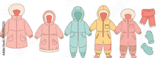 Winter children clothing vector set with warm jackets snowsuits scarf and mittens in cute pastel hand drawn style