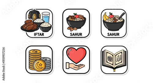 Islamic ramadan icons food charity and religious symbols on white background