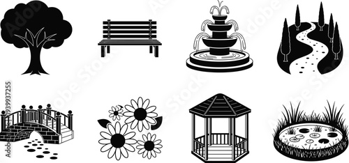 Set of eight black garden silhouettes featuring a park bench tiered water fountain stone bridge gazebo flowers and lily pond isolated on white background