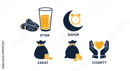 Islamic ramadan icons with dates juice crescent bags hands charity