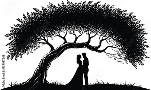 Romantic wedding couple silhouette under large leafy tree, bride and groom embracing in nature landscape isolated black vector illustration