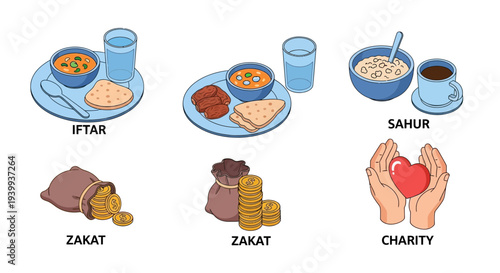 Islamic ramadan illustrations iftar sahur meals zakat charity icon set