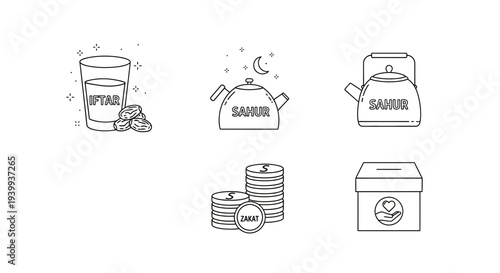 Islamic ramadan icons water teapot coins donation box monochrome elements