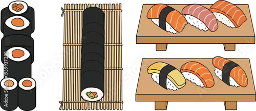 Sushi rolls and nigiri set with bamboo mat flat vector illustration, Japanese cuisine food collection isolated