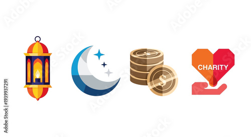 Islamic symbols and charity icons for religious concepts and giving