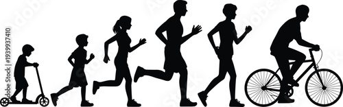 Human growth silhouette illustration, childhood to adulthood vector, physical activity design, running jogging cycling art, lifestyle icon, cad drawing flat vector illustration