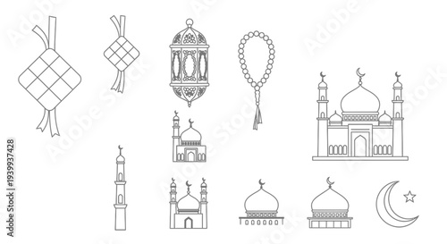 Islamic symbols and icons set mosques lanterns rosary and crescent moon
