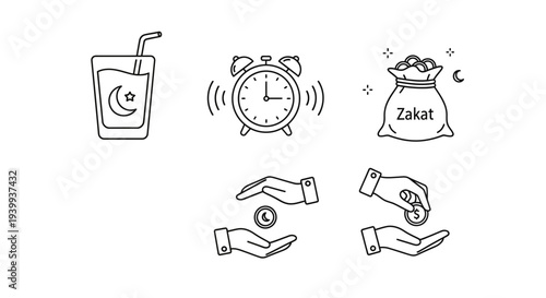 Islamic symbols and icons zakat prayer charity and fasting