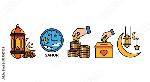 Islamic symbols and illustrations for ramadan and charitable giving