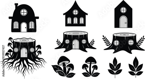 Vector silhouette set of fairy garden elements featuring gnome houses tree stump cottages magic mushrooms and forest leaves for fantasy landscape and storytelling designs