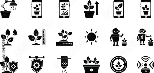 Set of smart agriculture and digital farming icons featuring robot gardeners mobile app monitoring plant growth sensors and automated irrigation systems for modern agtech design