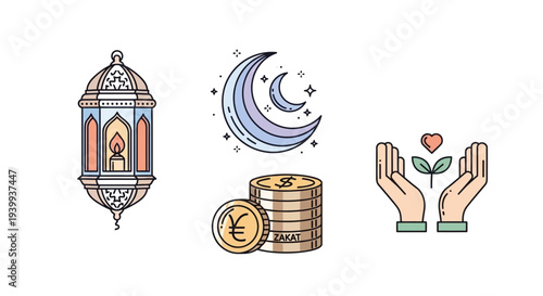 Islamic symbols and illustrations for ramadan and religious concepts