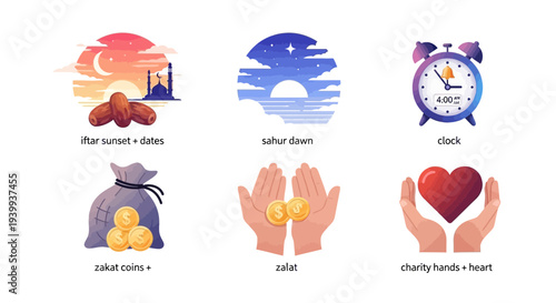 Islamic symbols and illustrations for ramadan and religious events