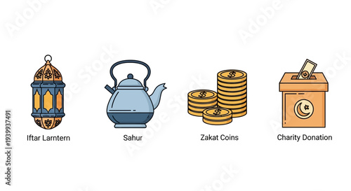 Islamic symbols and objects iftar lantern teapot coins charity box