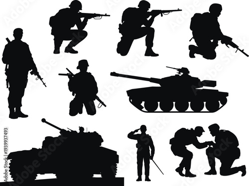 Military soldier silhouette illustration, armed forces vector, tank combat design, war army troops, defense training art, cad drawing flat vector illustration