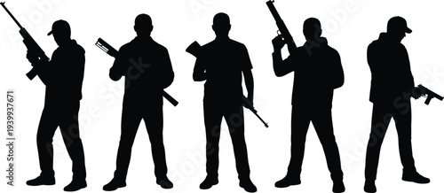Silhouette illustration of armed figures holding rifles and submachine guns, military security concept, conflict, defense, weapon readiness