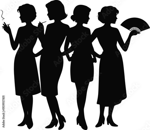 Silhouette illustration of four stylish women in dresses, smoking accessories, fan, vintage fashion poses, retro cultural elegance