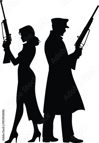 Silhouette of armed man and woman standing back to back, gangster style, rifles, conflict, partnership, duality, dramatic vector art