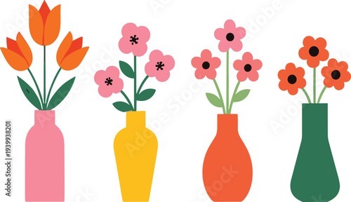 Colorful flowers in decorative vases flat vector illustration set, modern floral home decor arrangement isolated