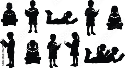 Children reading books silhouettes kids education learning study school literacy childhood reading activity black silhouette vector illustration set