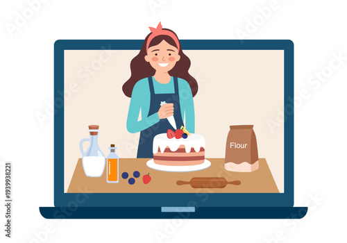 Online baking class concept features a woman decorating a berry cake with cream while being recorded for a social media video tutorial.
