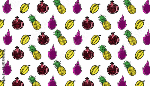 Tropical fruit seamless pattern. Hand drawn exotic illustration. Pineapple pomegranate starfruit dragonfruit. Colorful summer textile design. Vector wallpaper background graphics.