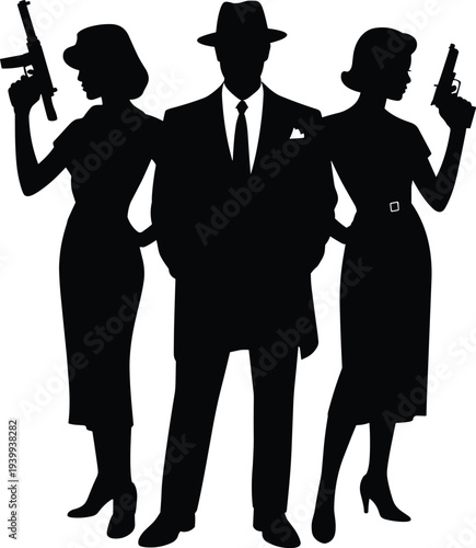 Silhouette of gangster trio in fedora and dresses holding firearms, vintage noir crime scene, mafia style, dramatic vector illustration