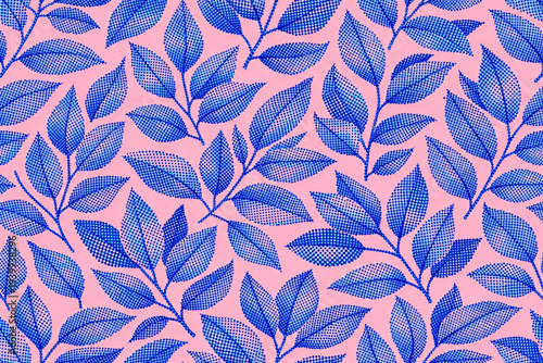 Seamless dotted leaf pattern with blue foliage on pink background. Modern botanical design in halftone dot style, ideal for fabric, wallpaper, packaging, fashion and home decor.