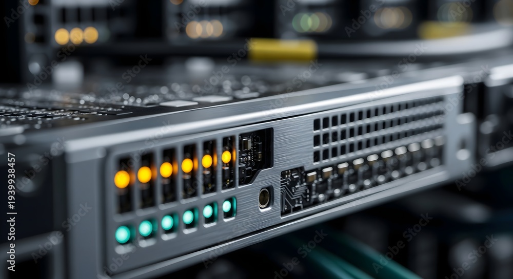 Naklejka premium Close-up of server rack with illuminated ports in a data center.