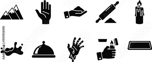 Cooking and kitchen icons set food preparation baking tools ingredients restaurant symbols chef equipment silhouette vector illustration collection