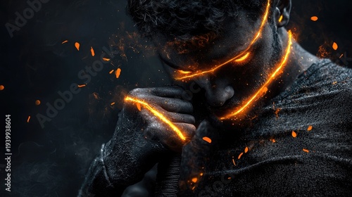 Close up on a person's face and fist with glowing orange lines and particles against a dark textured background dramatic lighting and abstract energy effects