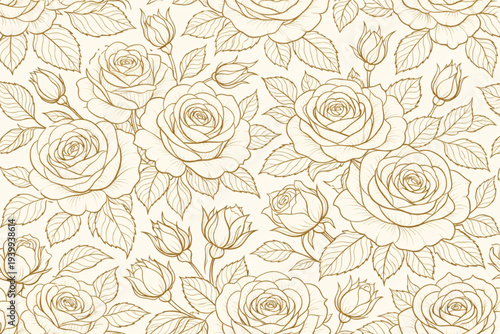 Seamless pattern with gold Rose flowers, leaves and buds on a white background. Vector illustration.