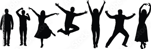 Happy people silhouette set, jumping dancing celebrating men women figures, joyful crowd poses isolated black vector illustration