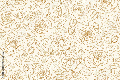 Luxury background with outline roses flowers, buds and leaves seamless pattern. Hand drawn botanical elegant roses flower in line art style. Vector card, wedding invitation, wallpaper, cover
