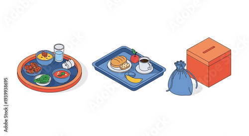 Isometric view of various food trays and a donation box on white background