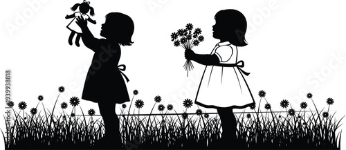 little girls silhouettes playing in grass, child holding doll and flowers, childhood innocence illustration, kids outdoor play vector