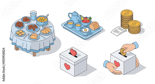 Isometric food and donation illustration for charity and fundraising campaigns