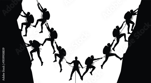 Black silhouette of team of mountain climbers helping each other scale steep cliffs with ropes representing teamwork, support, and success