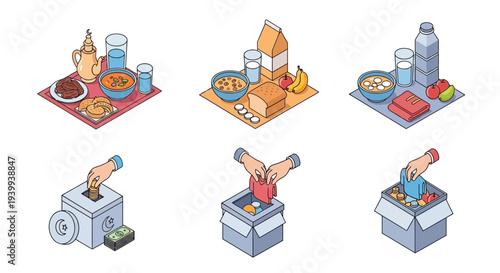 Isometric food arrangement and donation illustrations for various concepts