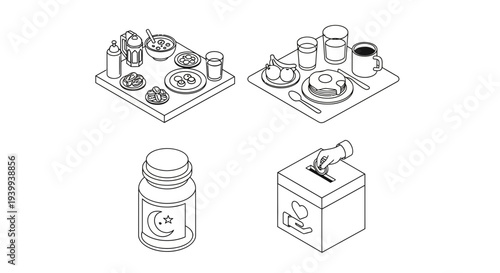 Isometric food set and charitable actions icon illustrations