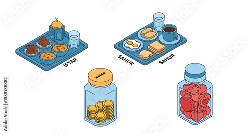 Isometric food set with drinks and objects for islamic events illustrations