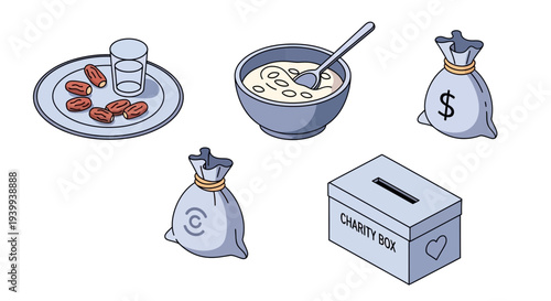Isometric illustration of charity objects and symbols for donation concepts