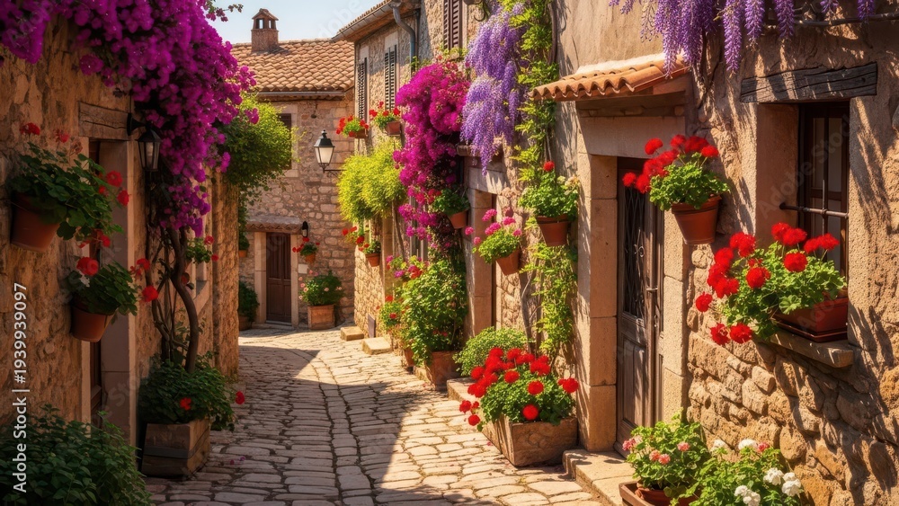 Fototapeta premium Charming cobblestone lane with blooming flowers