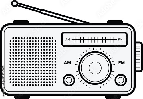 Vintage portable radio receiver outline vector illustration with AM FM tuner dial and antenna, classic audio device icon for broadcasting and retro technology design